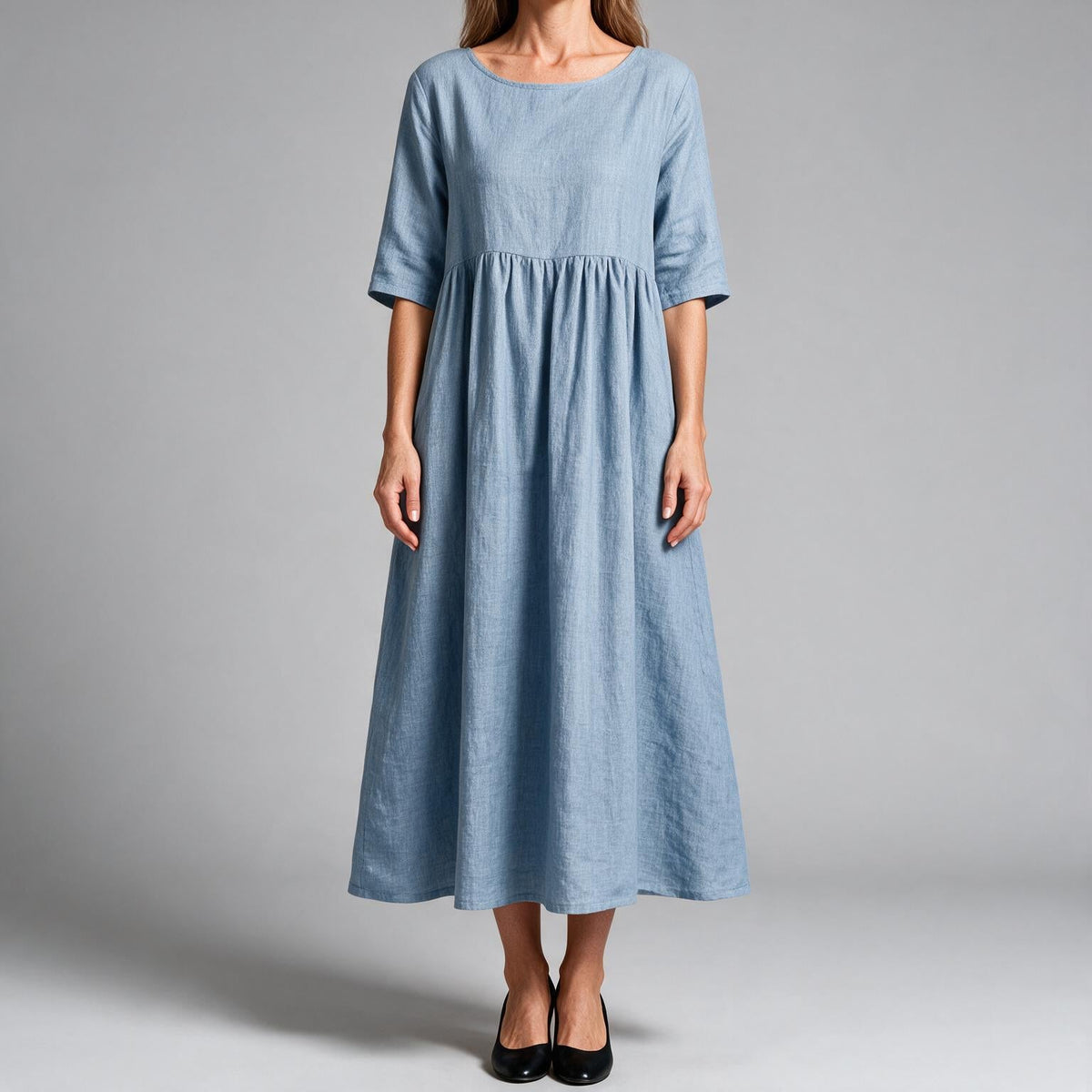 Saoirse | Womens Wedding Guest Summer Midi Cotton Linen Round Neck Dresses Light Blue