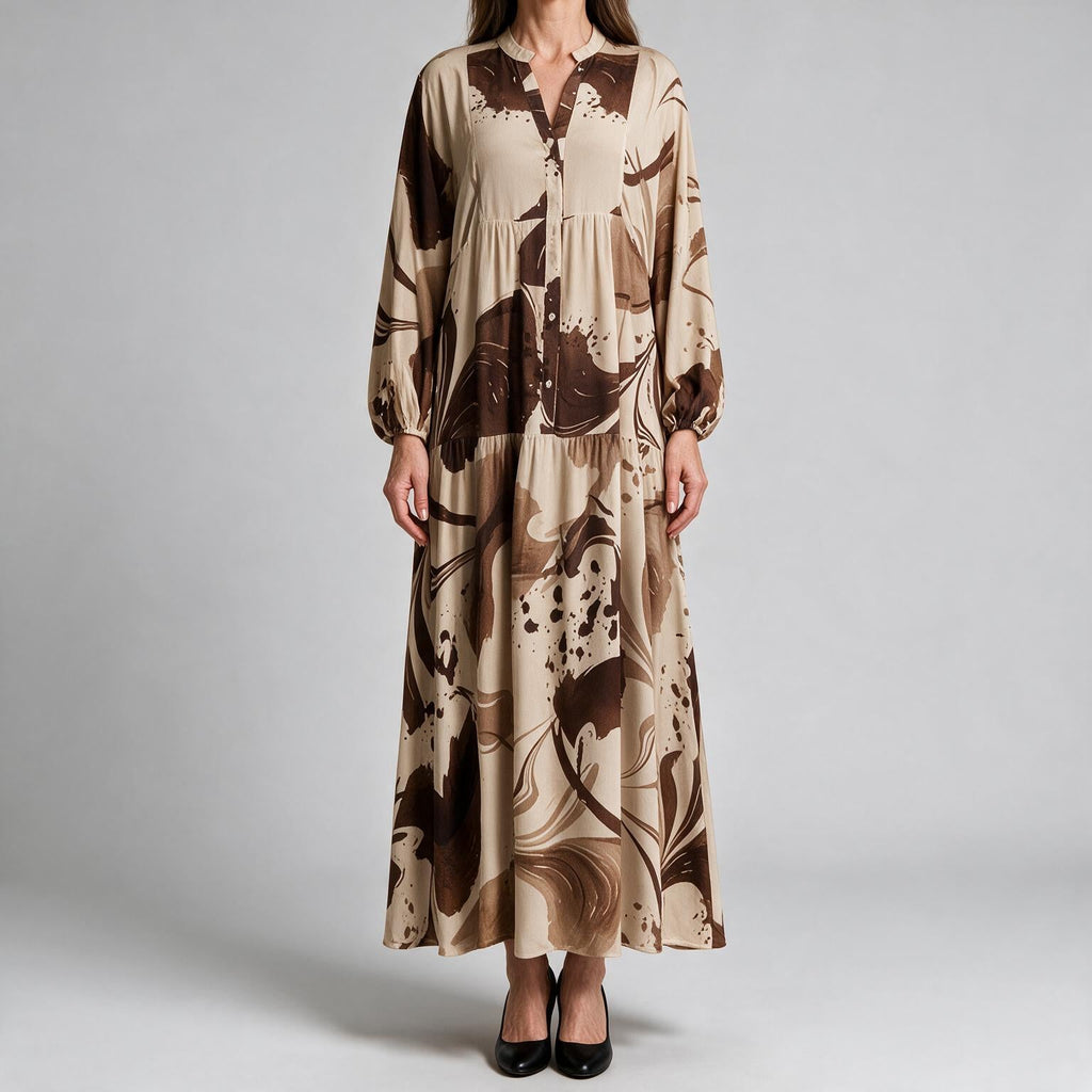 Ulric | Womens Dress Printed Long Sleeve V Neck Loose Maxi Dress Brown