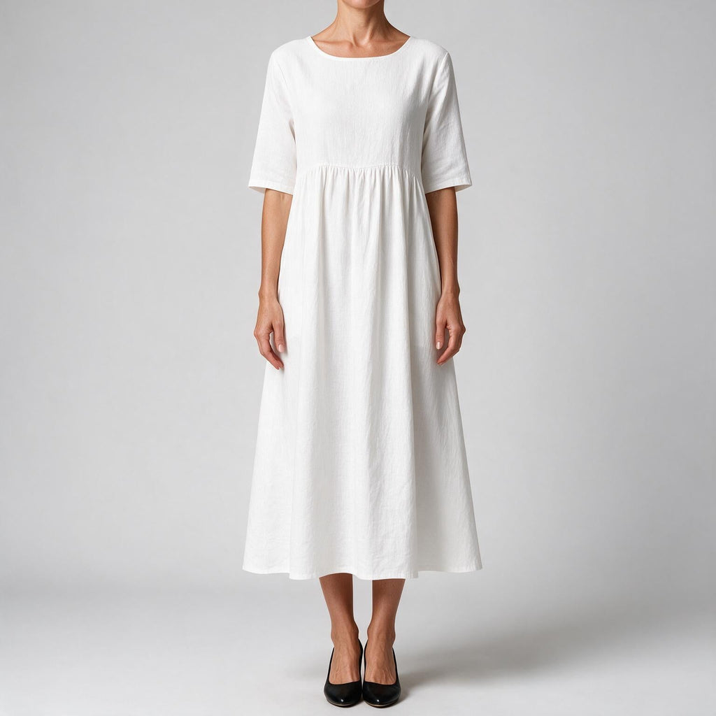 Saoirse | Womens Wedding Guest Summer Midi Cotton Linen Round Neck Dresses White
