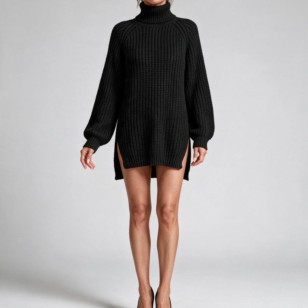 Rhiannon | Womens Wedding Guest Jumper Knitted Split Raglan Sleeve Dresses Black
