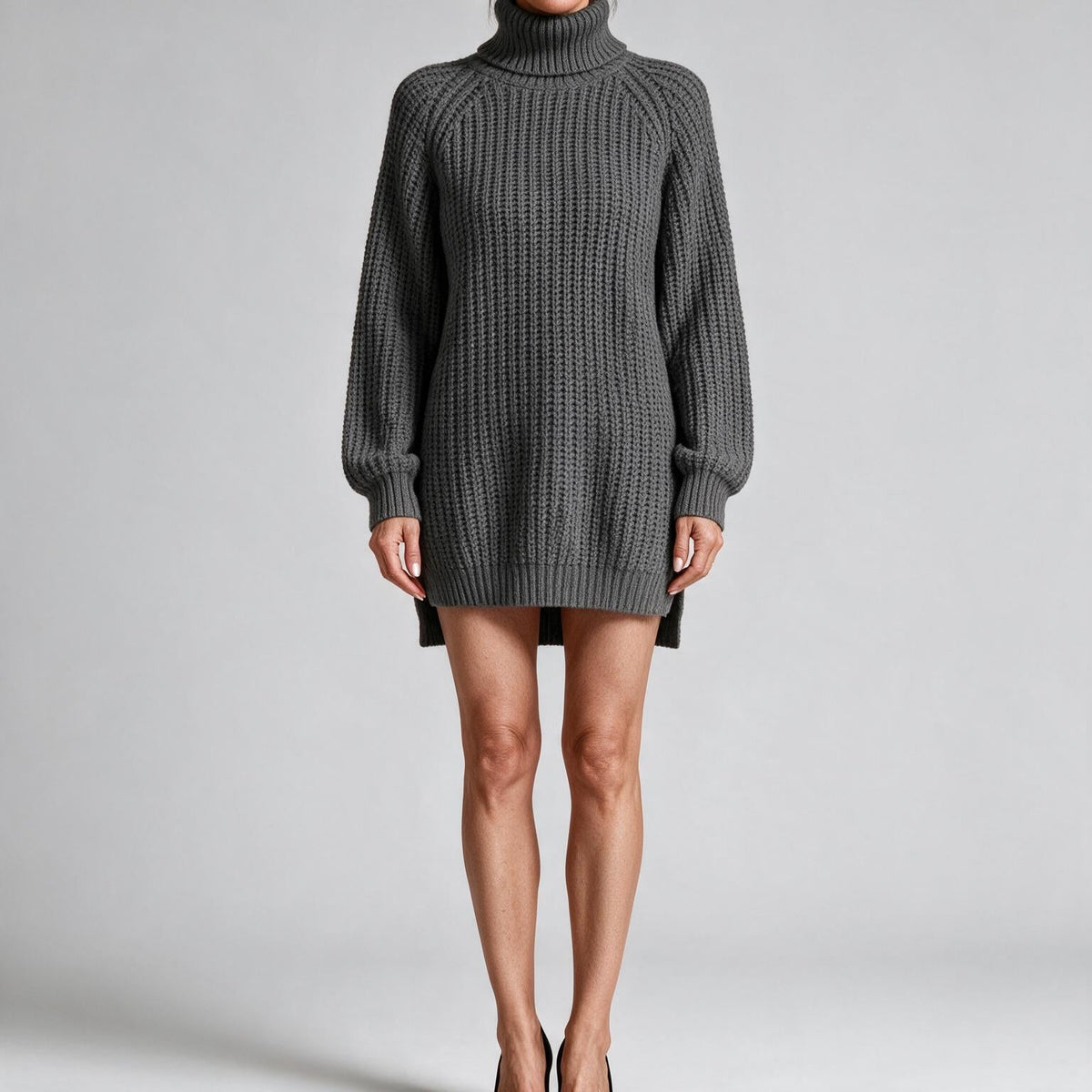 Rhiannon | Womens Wedding Guest Jumper Knitted Split Raglan Sleeve Dresses Dark Grey