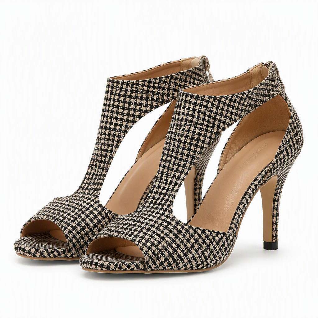 Esme | Womens Back Zip Peep Toe Thin Heel Sandals Houndstooth packshot