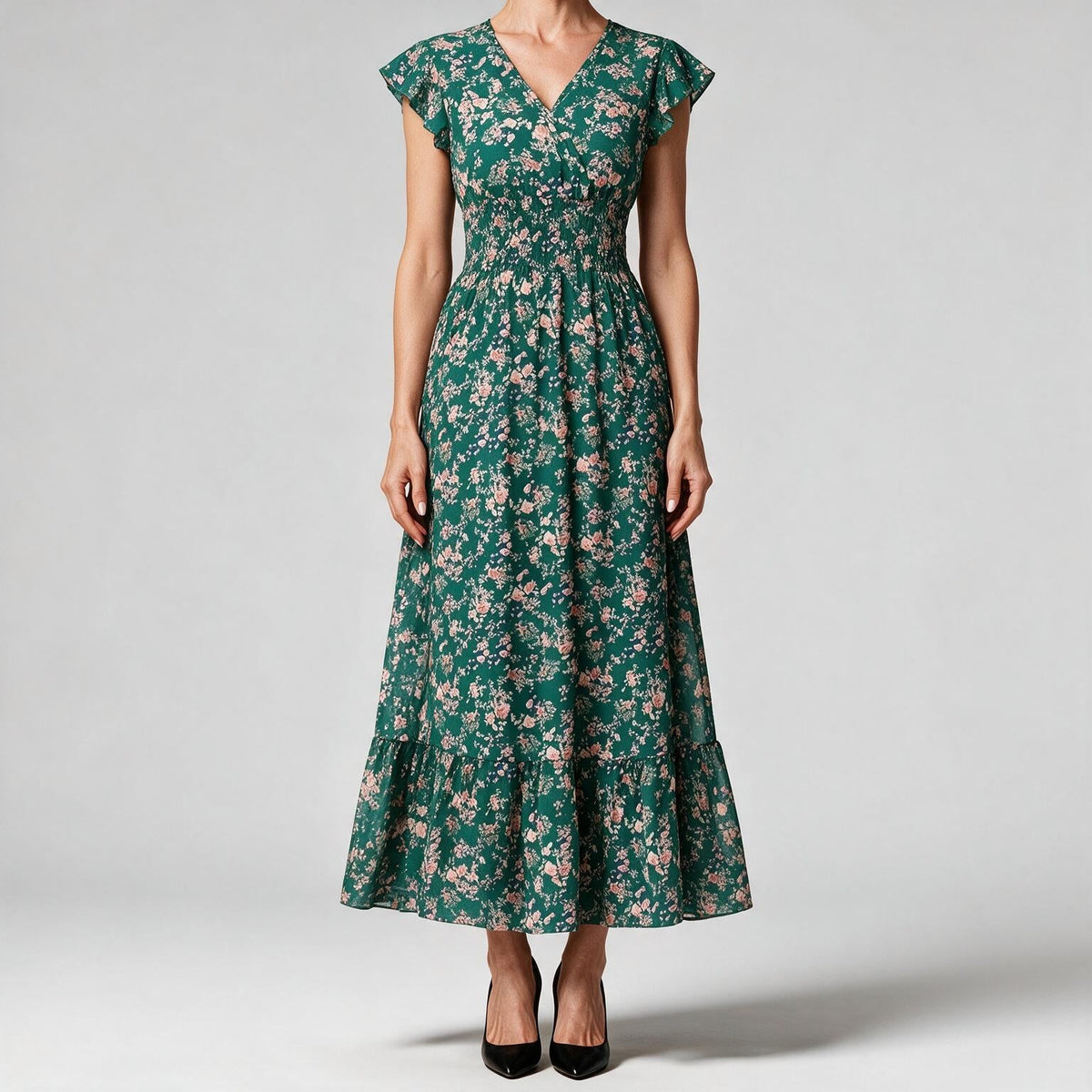 Willa | Womens Wedding Guest Floral Maxi A-Line Summer Dress Green