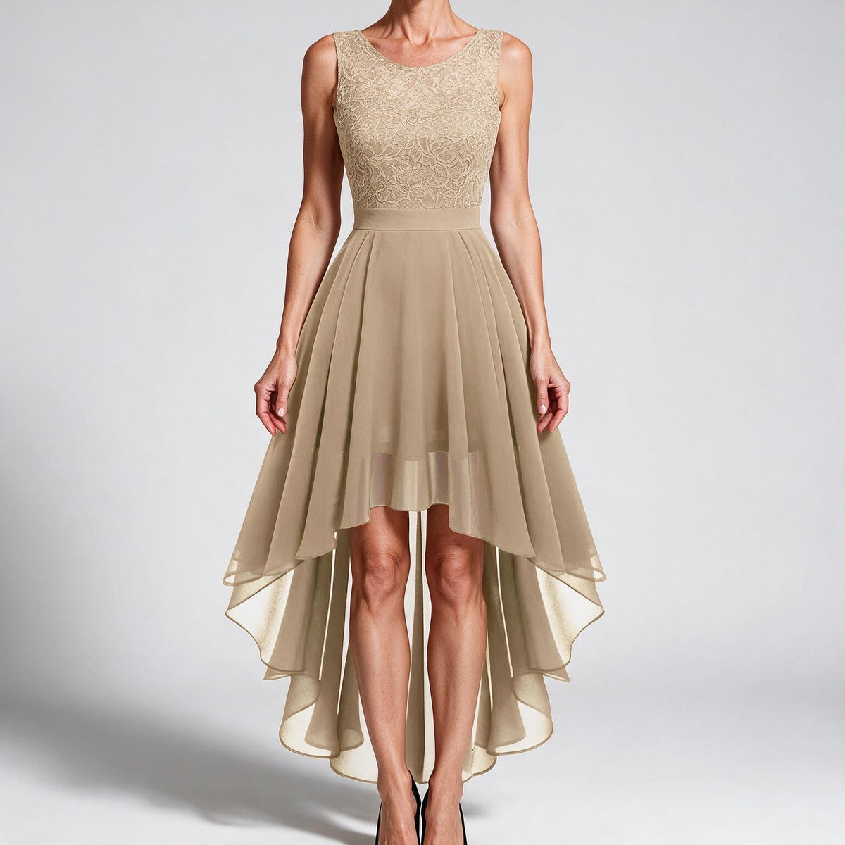 Eleanor | Womens Cocktail Lace Midi Wedding Guest Evening Formal Long Elegant Dresses Khaki