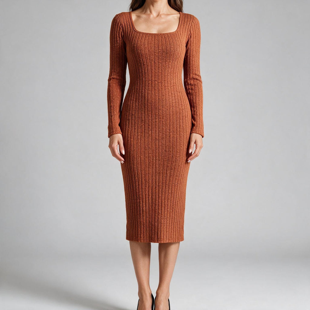 Aviana | Womens Jumper Dress Maternity Knit Long Sleeve Ribbed Dress Caramel
