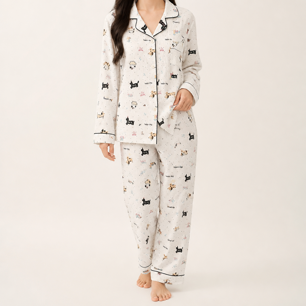 Beatrix | Womens Long Sleeve Cotton Pyjama Set Loungewear, Ivory 6