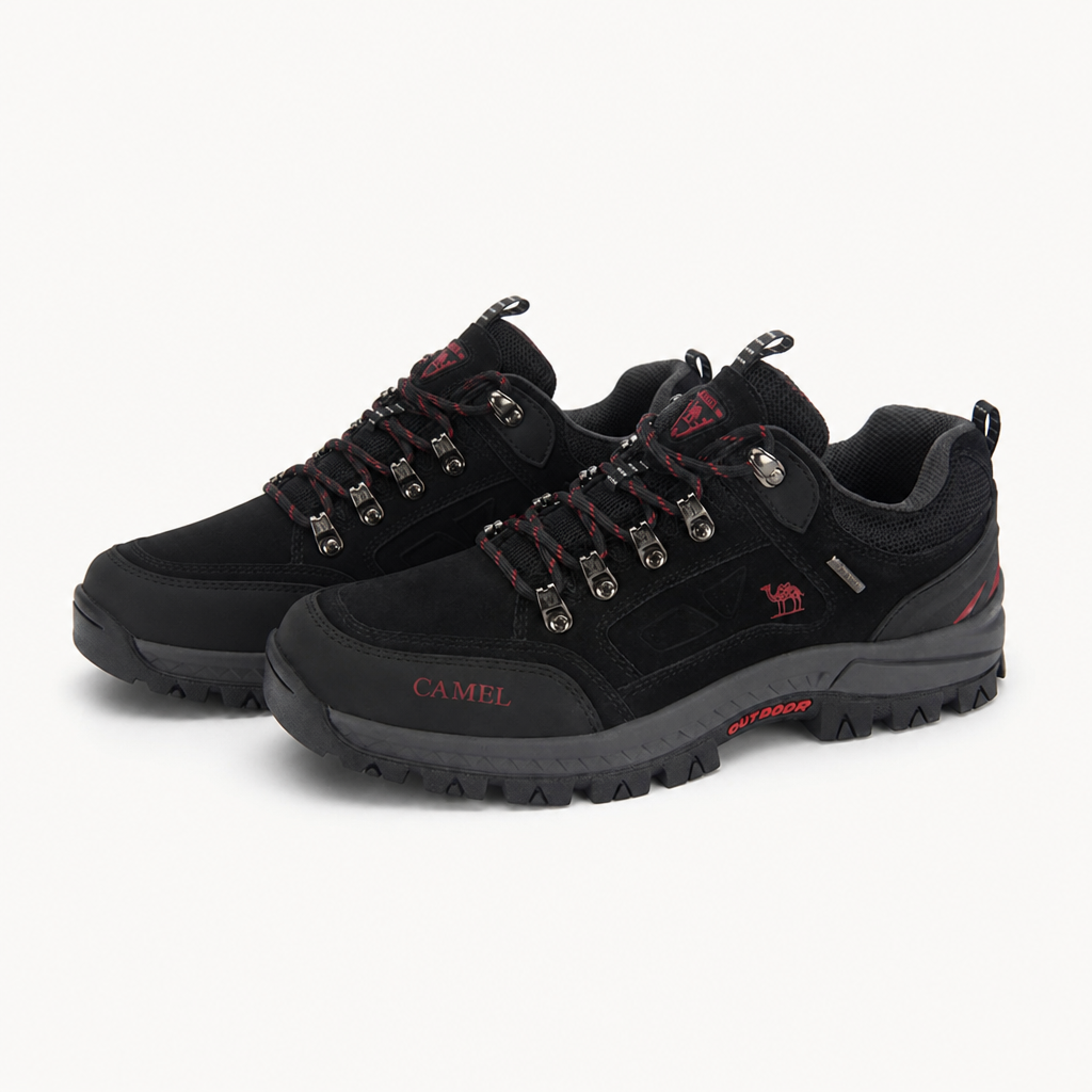 Duncan | Mens Waterproof Leather Walking Hiking Shoes, Black Red