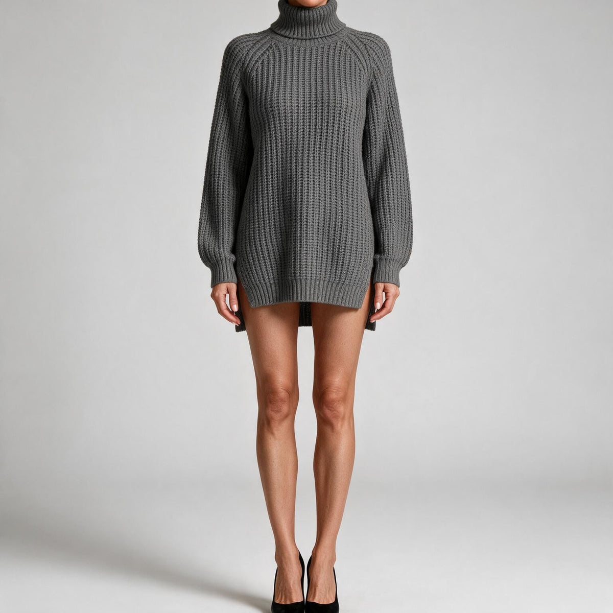 Rhiannon | Womens Wedding Guest Jumper Knitted Split Raglan Sleeve Dresses Dark Grey