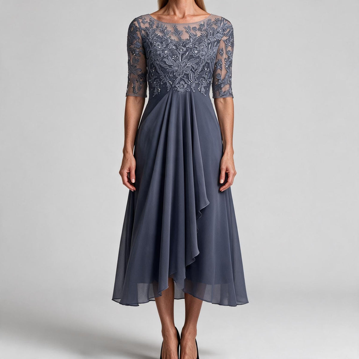 Isla | Womens Wedding Guest Dress Bridesmaid Cocktail Midi Lace Chiffon Dress Purple