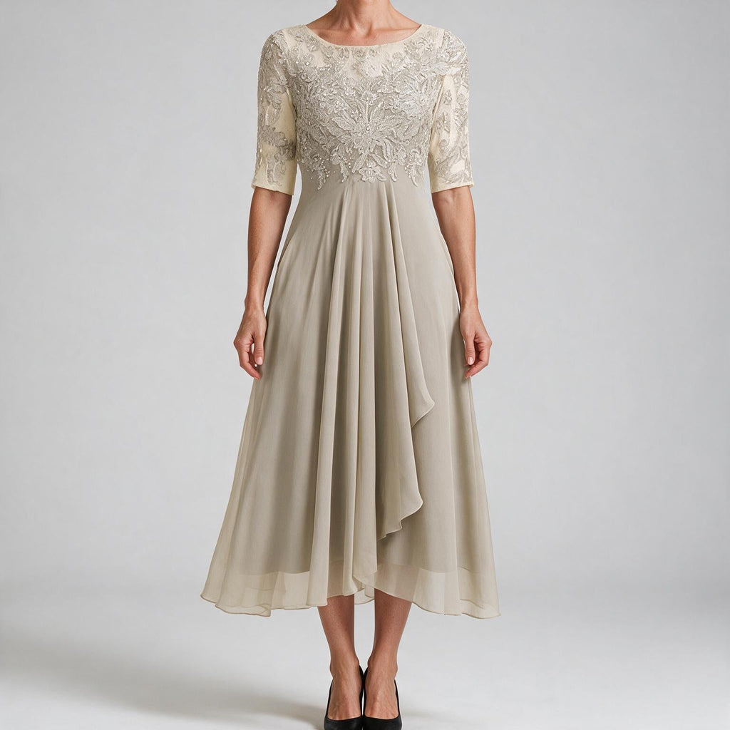Isla | Womens Wedding Guest Dress Bridesmaid Cocktail Midi Lace Chiffon Dress Gold