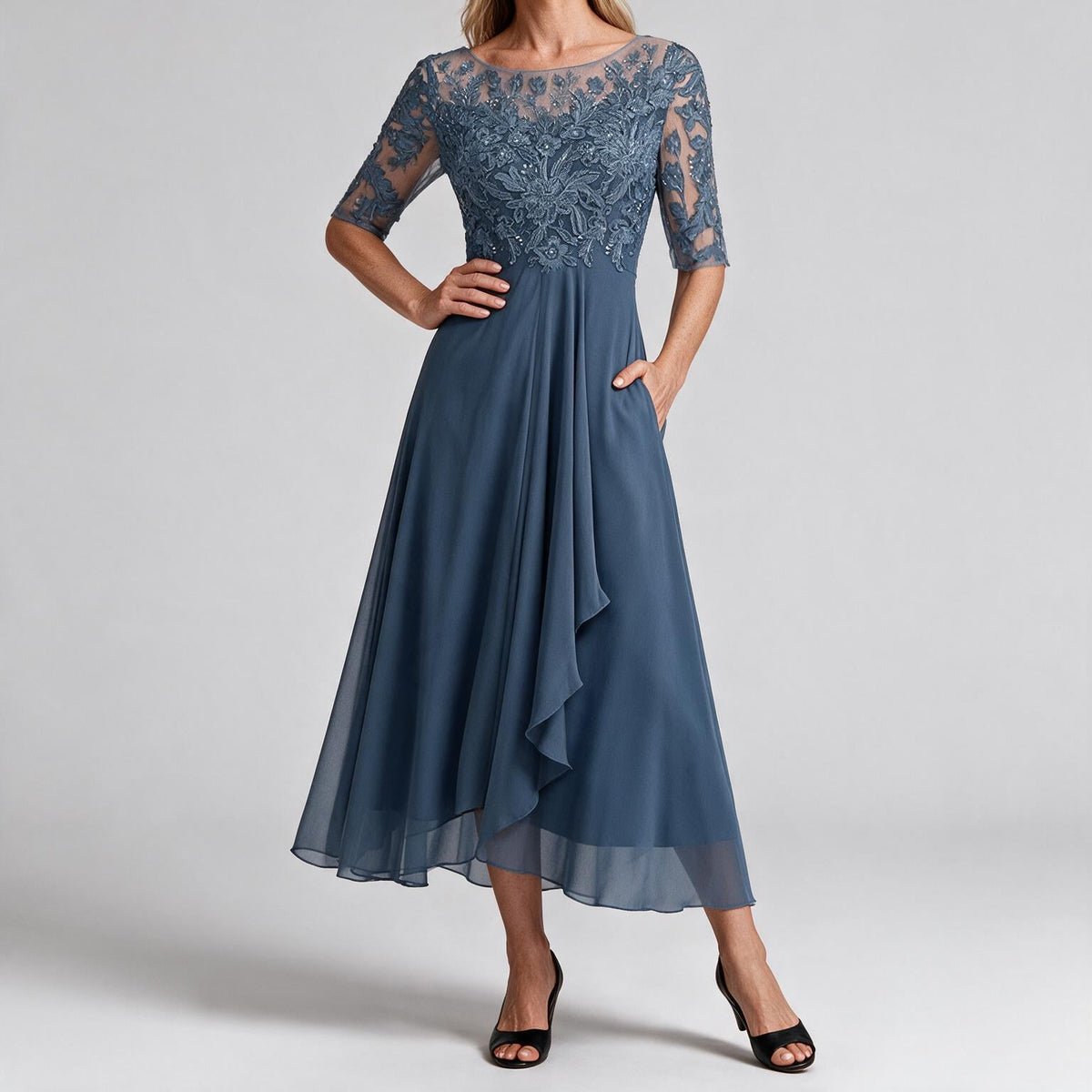 Isla | Womens Wedding Guest Dress Bridesmaid Cocktail Midi Lace Chiffon Dress