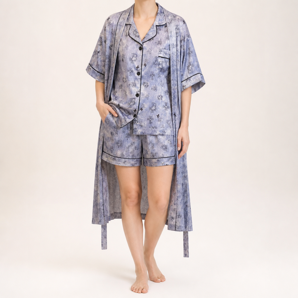 Odette | Womens Short Sleeve Satin Pyjama Set, Blue 2