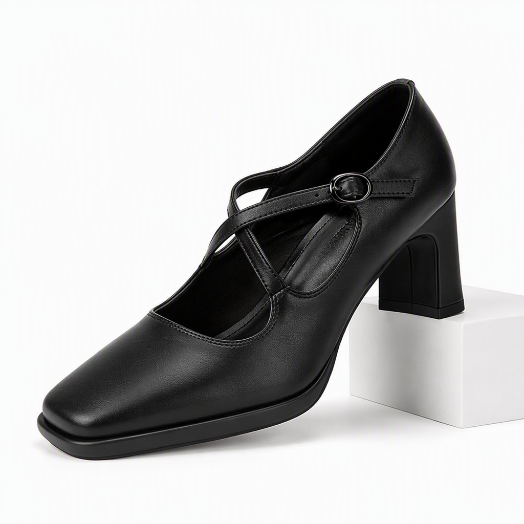 Beatrix | Womens Pointed Toe Chunky Heel Buckle High Heel Shoes Black packshot