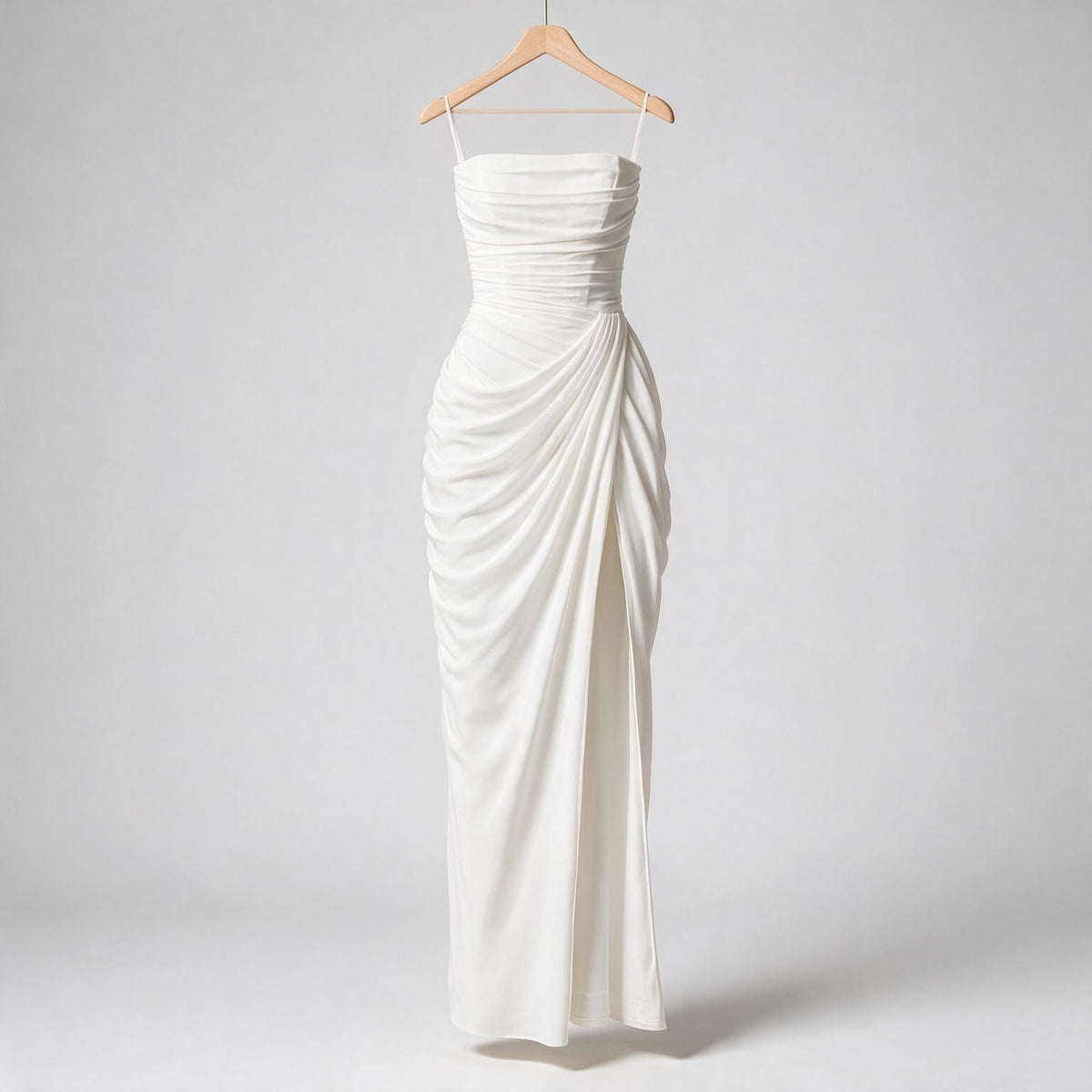 Freya | Womens Strapless Pleated Slit Maxi Wedding Guest Black Tie Summer Dresses on hanger