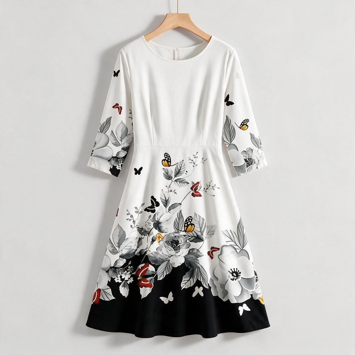 Marguerite | Womens Wedding Guest Floral Round Neck Straight Midi Dress on hanger