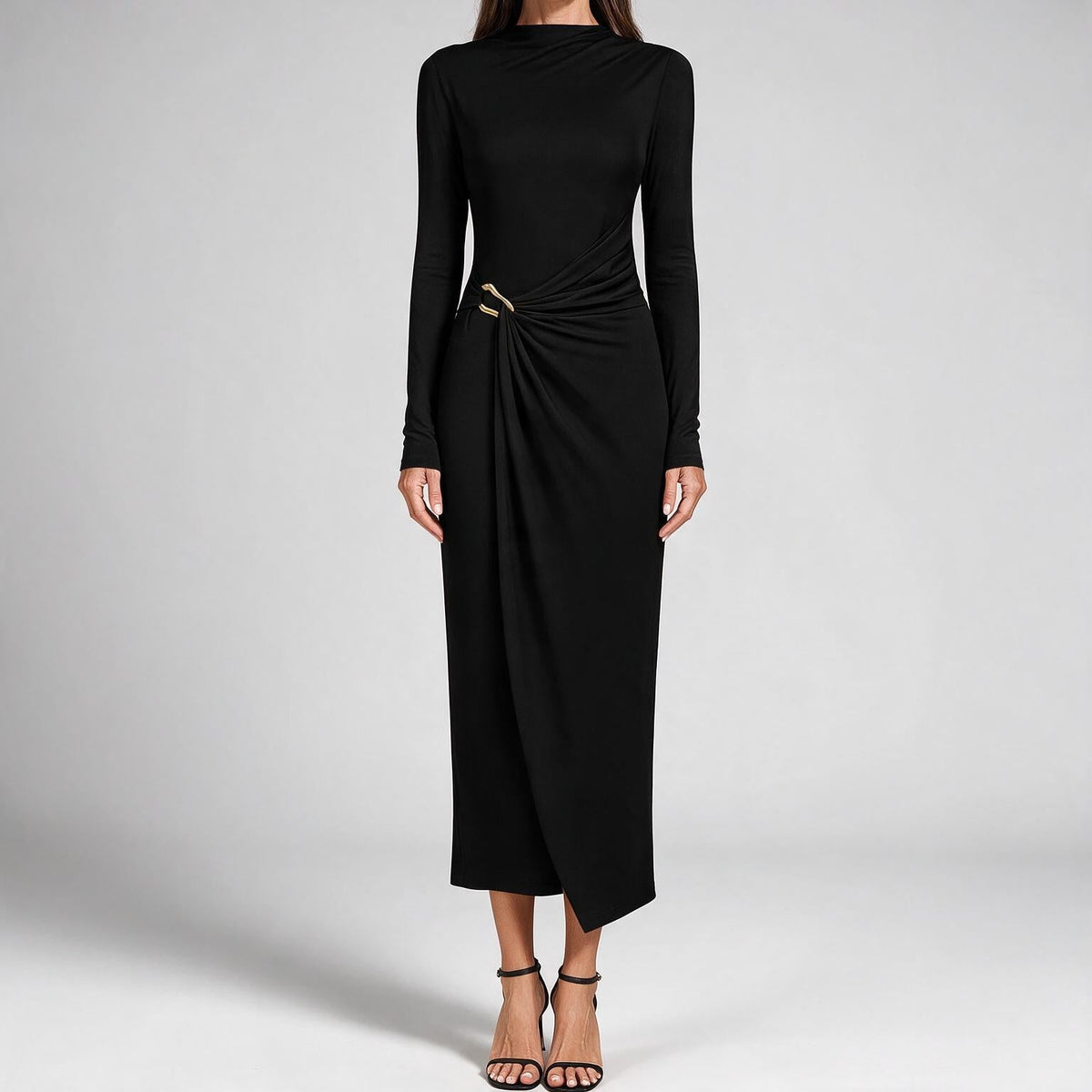 Petra | Womens Wedding Guest Long Sleeve Bodycon Midi Prom Dress Black