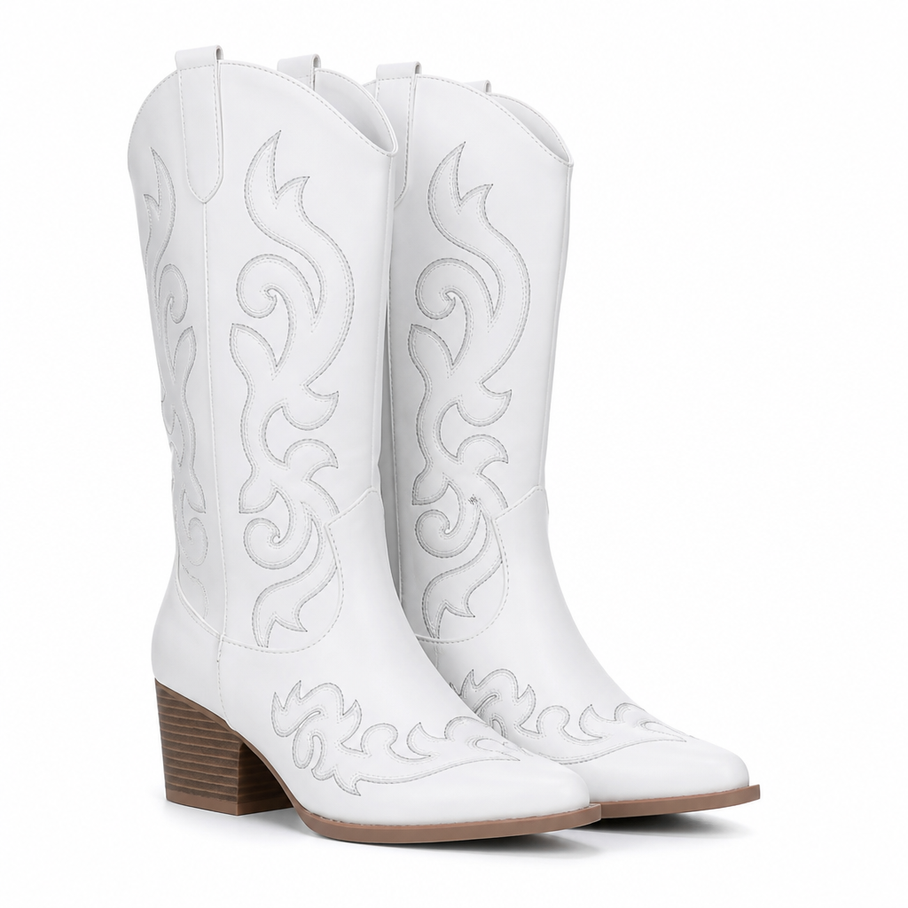 Saskia | Mens Cowboy Western Fashion Embroidered Slip on Boots White packshot