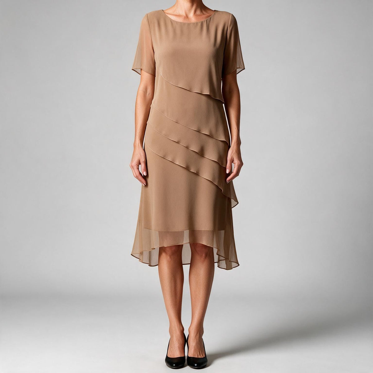 Yara | Womens Wedding Guest Chiffon Round Neck Short Sleeve Dresses Camel