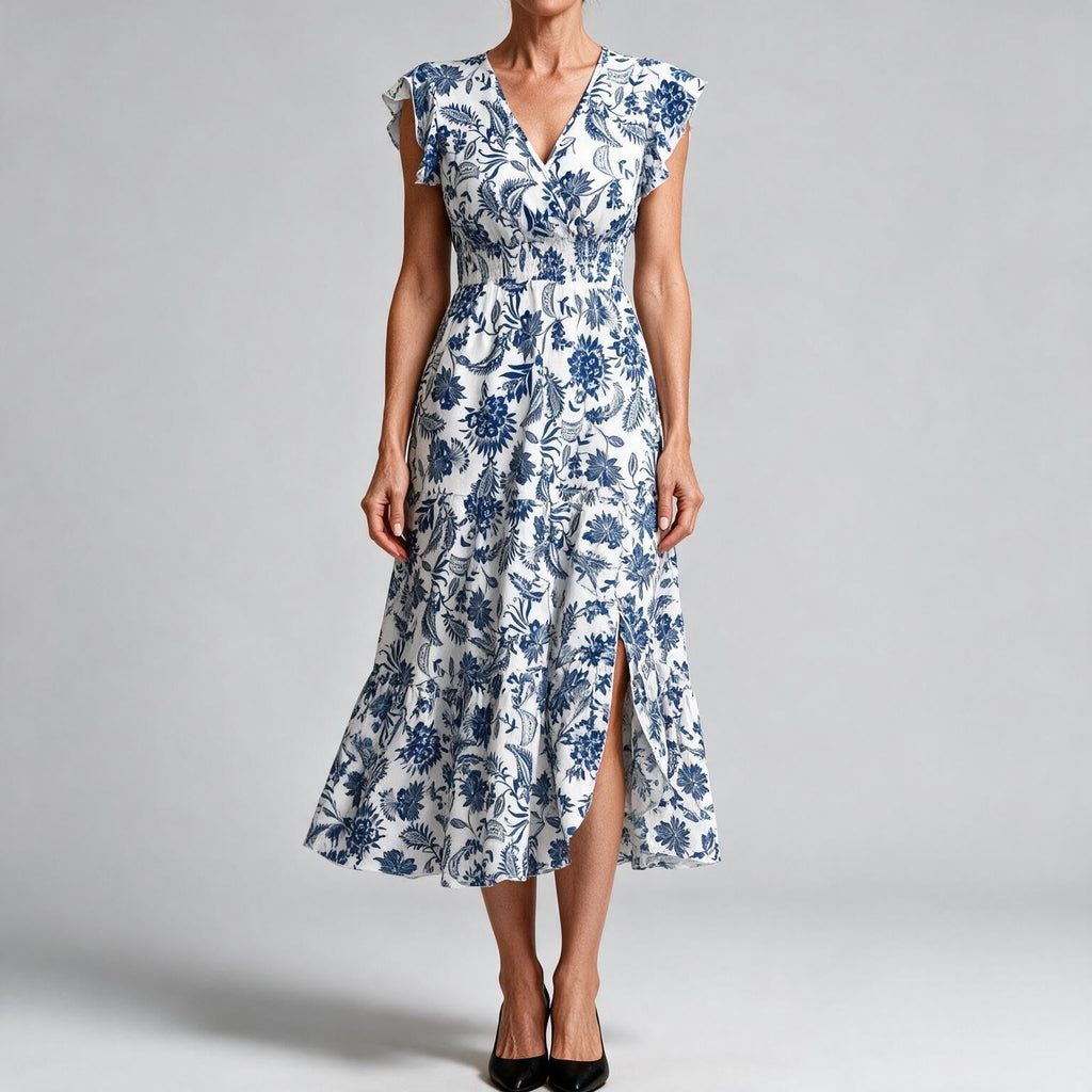Willa | Womens Wedding Guest Floral Maxi A-Line Summer Dress Blue