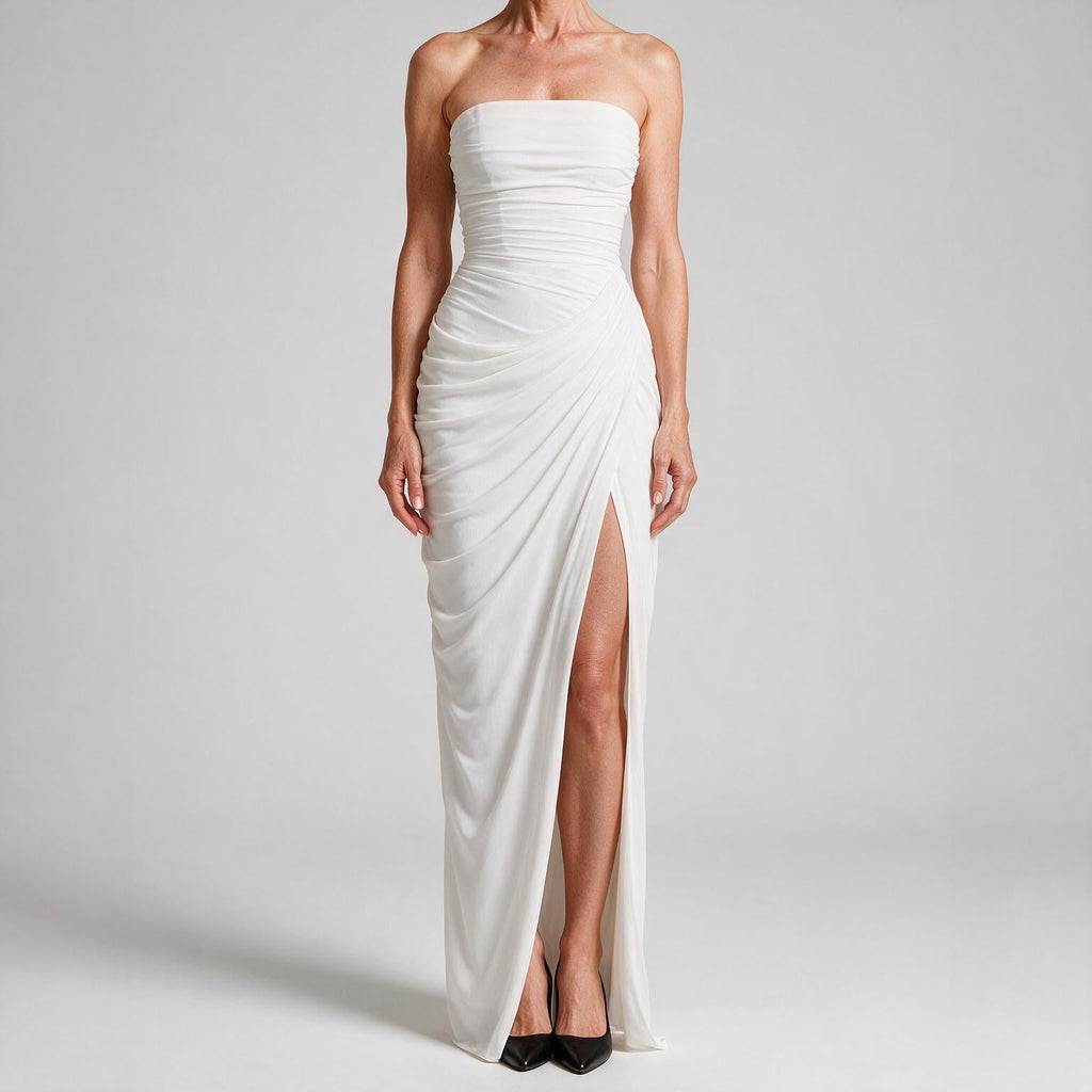 Freya | Womens Strapless Pleated Slit Maxi Wedding Guest Black Tie Summer Dresses
