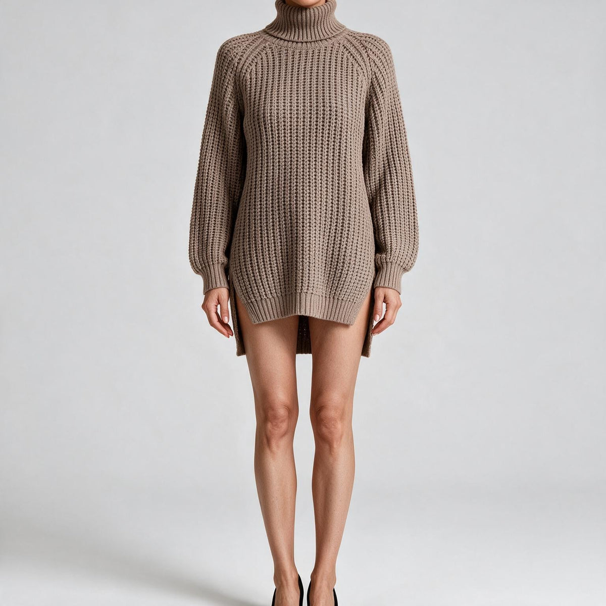 Rhiannon | Womens Wedding Guest Jumper Knitted Split Raglan Sleeve Dresses Khaki