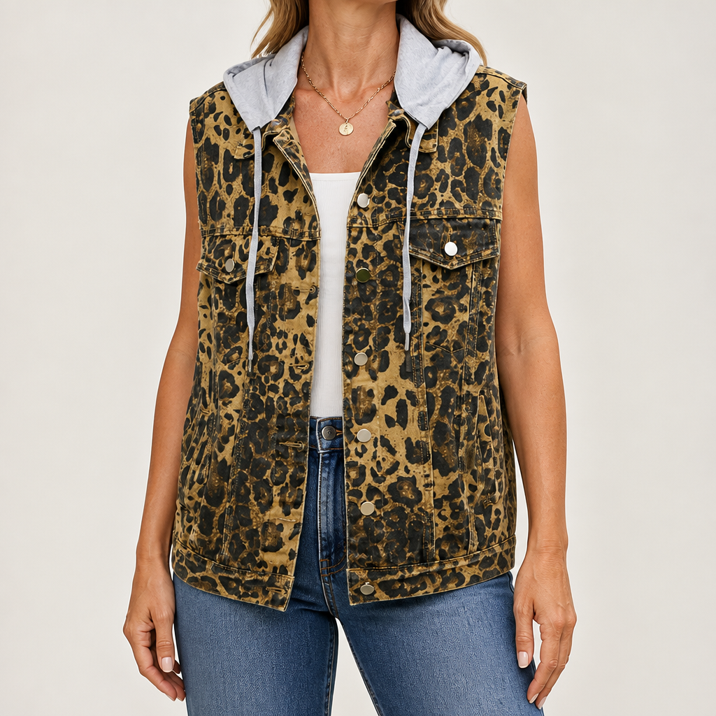 Cordelia | Womens Vintage Sleeveless Denim Gilet Waistcoat, Leopard Print 2