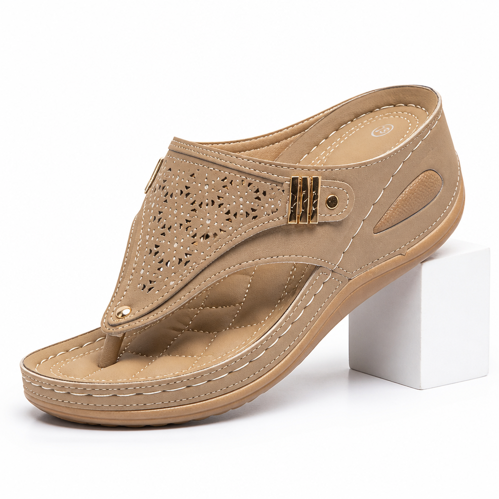 Odile | Womens Studded Toe Post Wedge Flip Flop Sandals Light Brown packshot