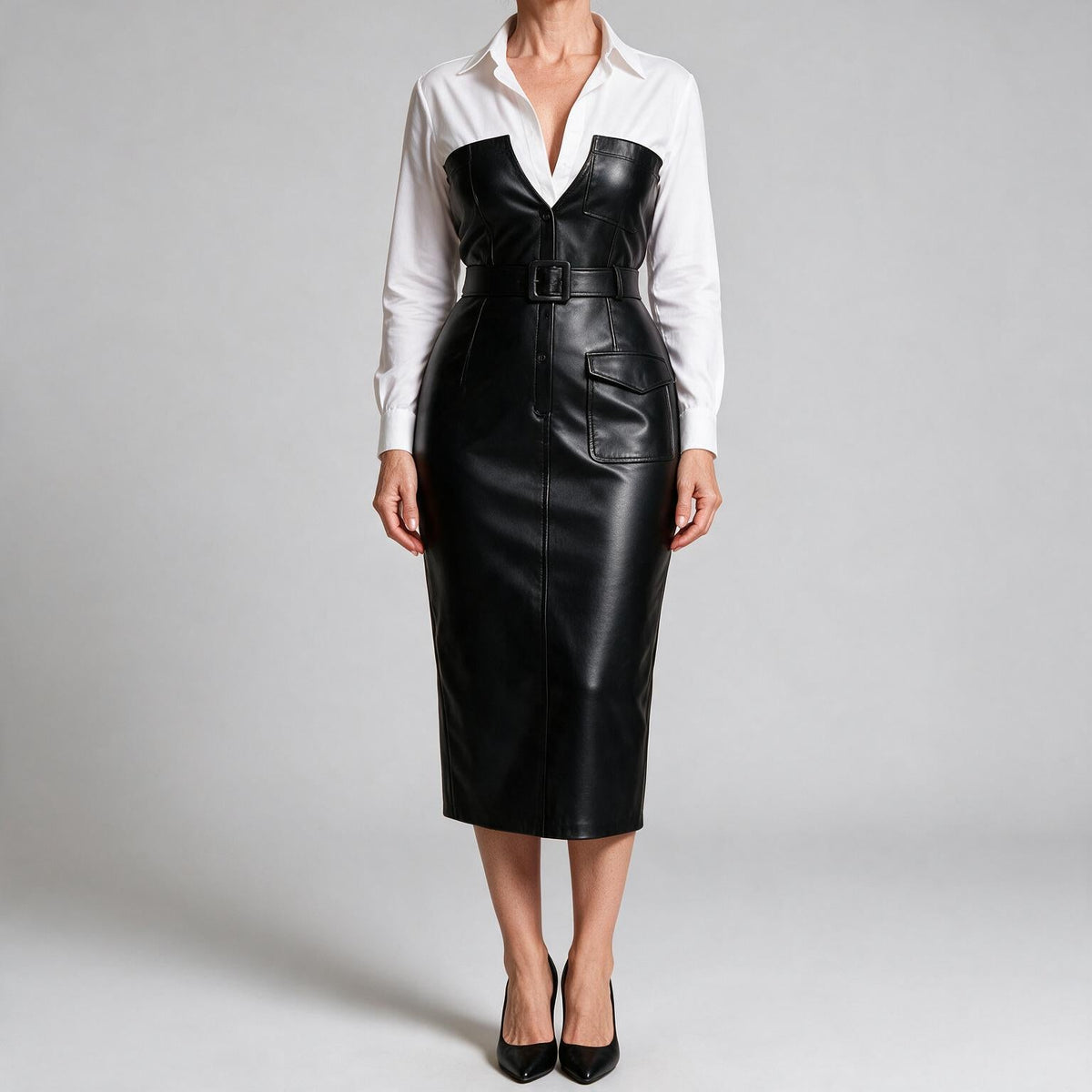 Aurelia | Womens Shirt Dress Long Sleeve Belted Leather Look Midi Dress Black