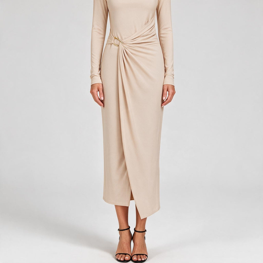 Petra | Womens Wedding Guest Long Sleeve Bodycon Midi Prom Dress Cream White