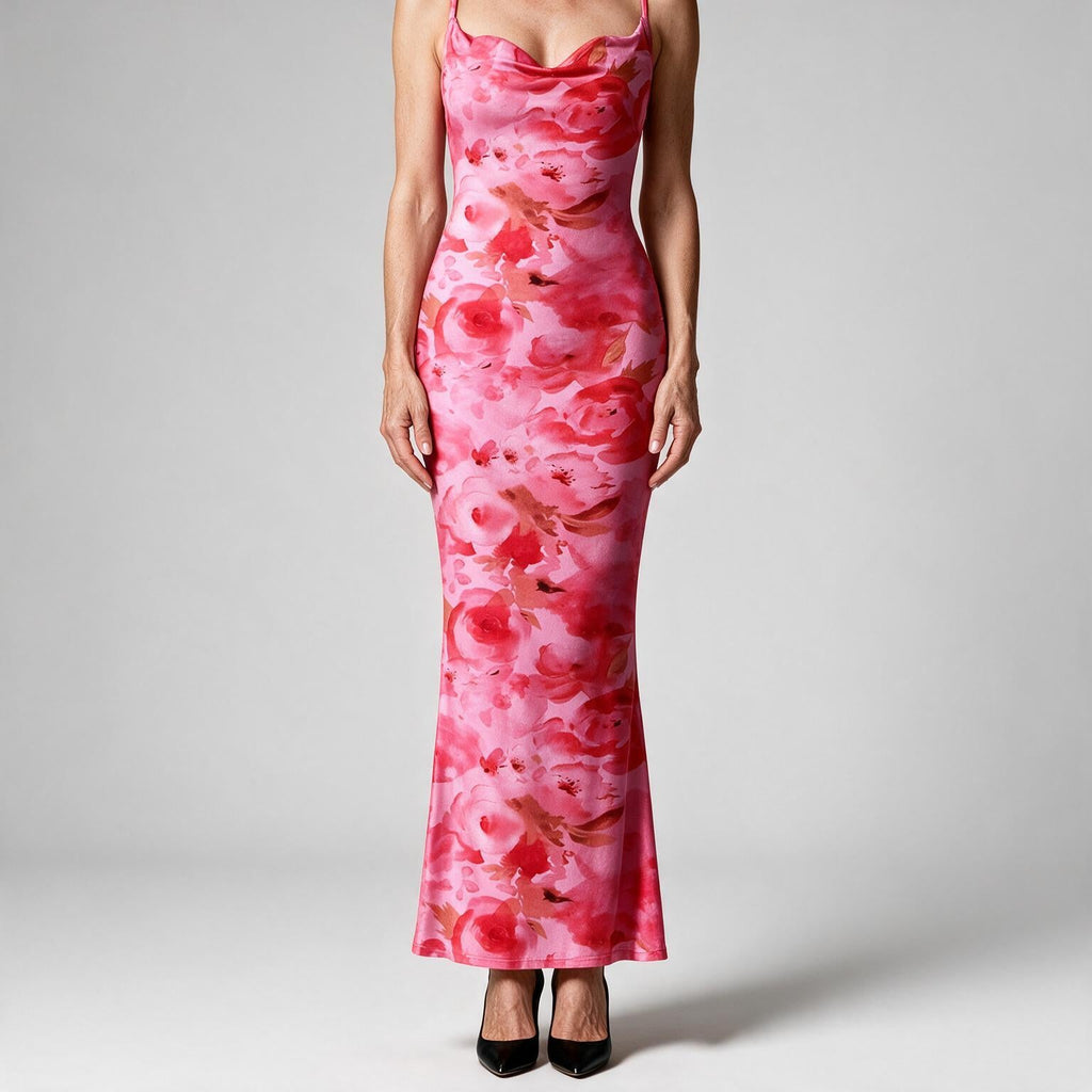 Saskia | Womens Floral Print Strappy Sleeveless Summer Slip Wedding Guest Dresses Pink
