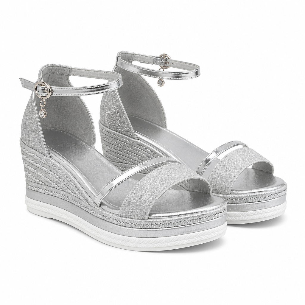 Oceane | Womens Platform Wedge Fish Mouth Black Peep Toe Sandals Silver packshot