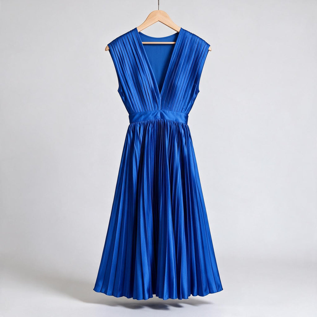 Anais | Womens Wedding Guest Satin V Neck Pleated Midi Dress on hanger