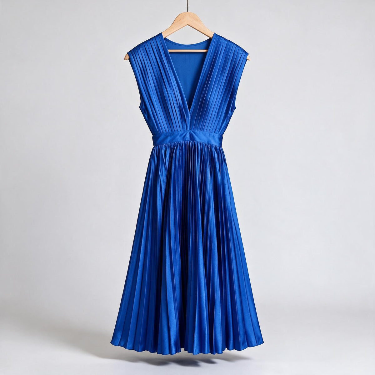 Anais | Womens Wedding Guest Satin V Neck Pleated Midi Dress on hanger