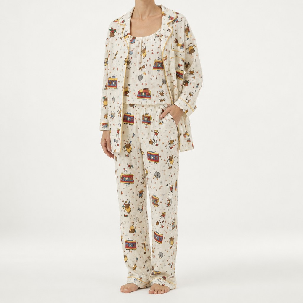 Rosalind | Womens Long Sleeve Button Up Cotton Pyjama Set Loungewear, Cream 13
