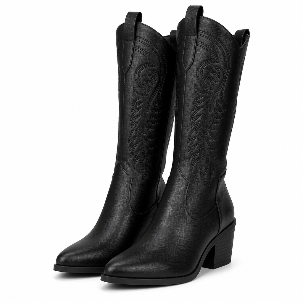 Bexley | Womens Knee High Western Heeled Long White Riding Boots Black packshot