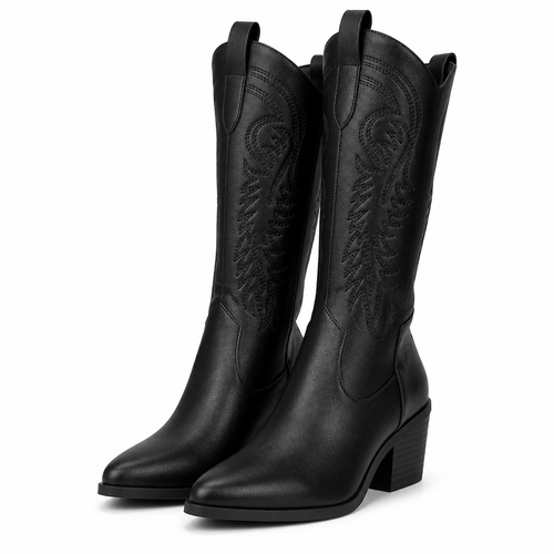 Bexley | Womens Knee High Western Heeled Long White Riding Boots Black packshot