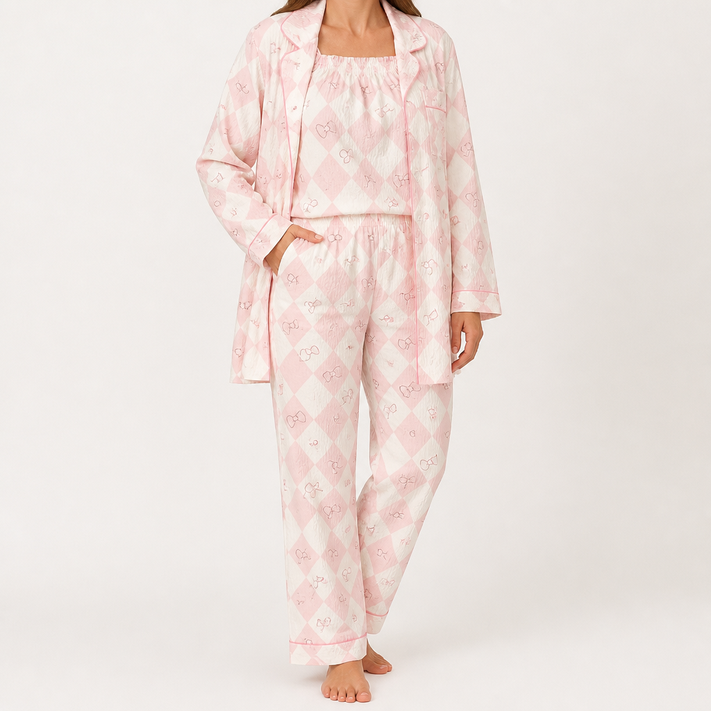 Rosalind | Womens Long Sleeve Button Up Cotton Pyjama Set Loungewear, Pink 5