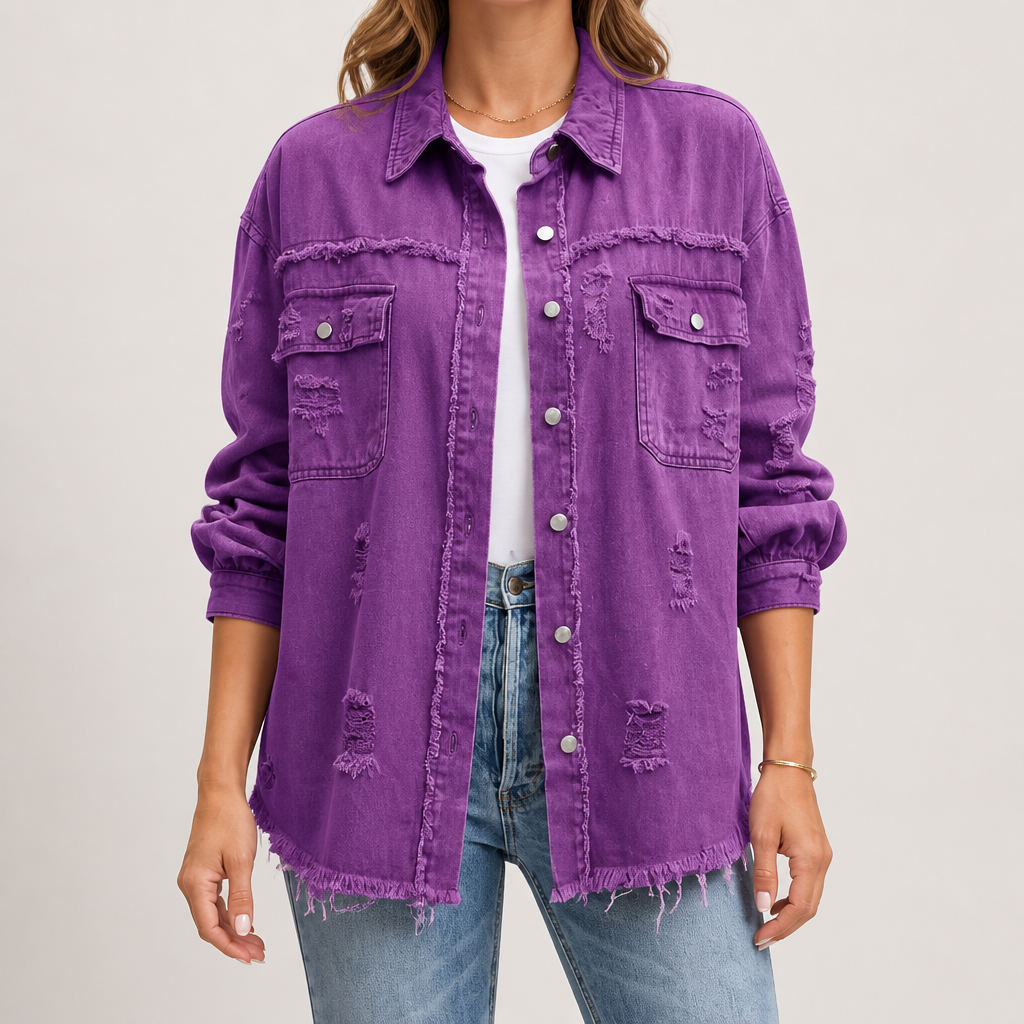 Clarissa | Womens Longline Distressed Denim Jacket, Grape Purple