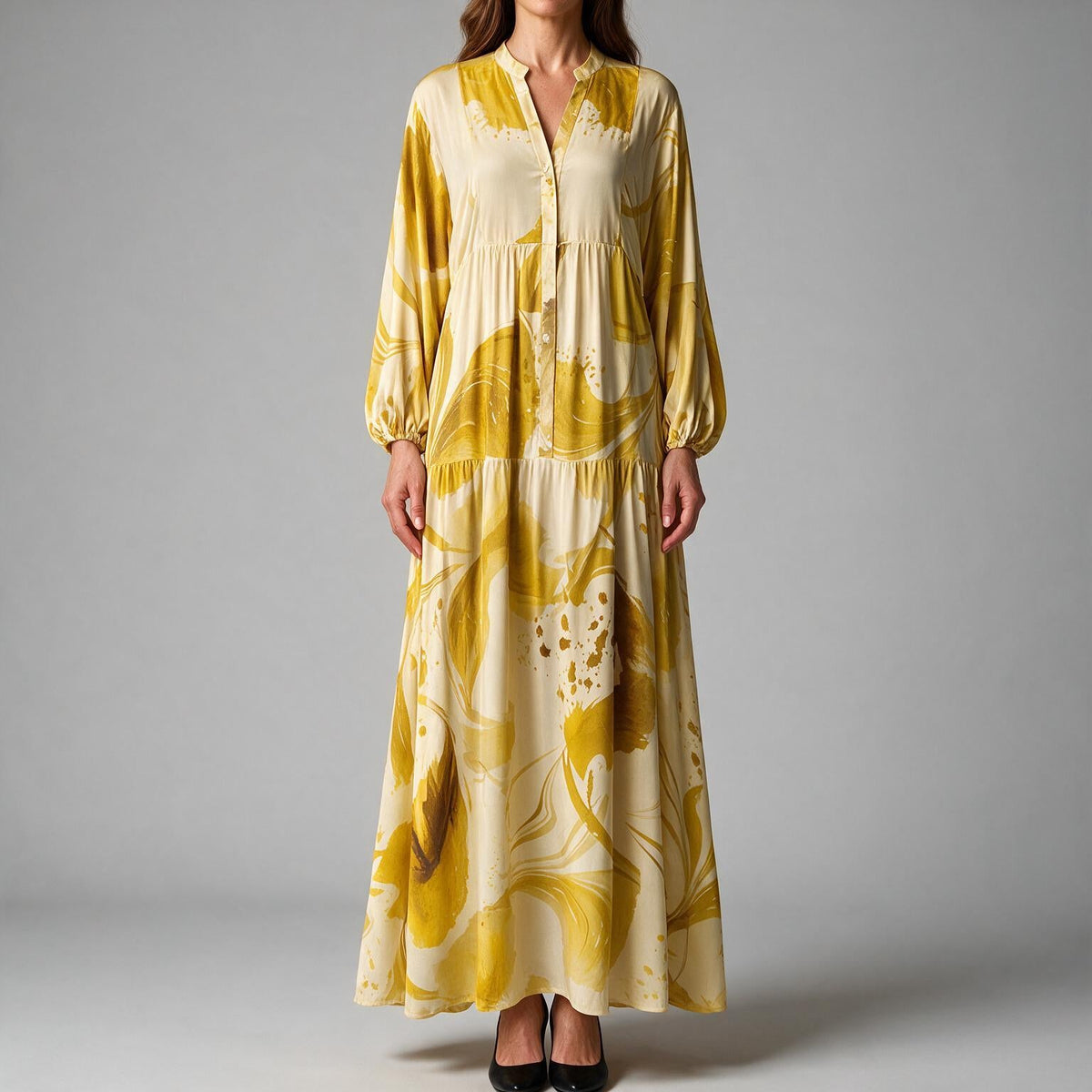 Ulric | Womens Dress Printed Long Sleeve V Neck Loose Maxi Dress Yellow
