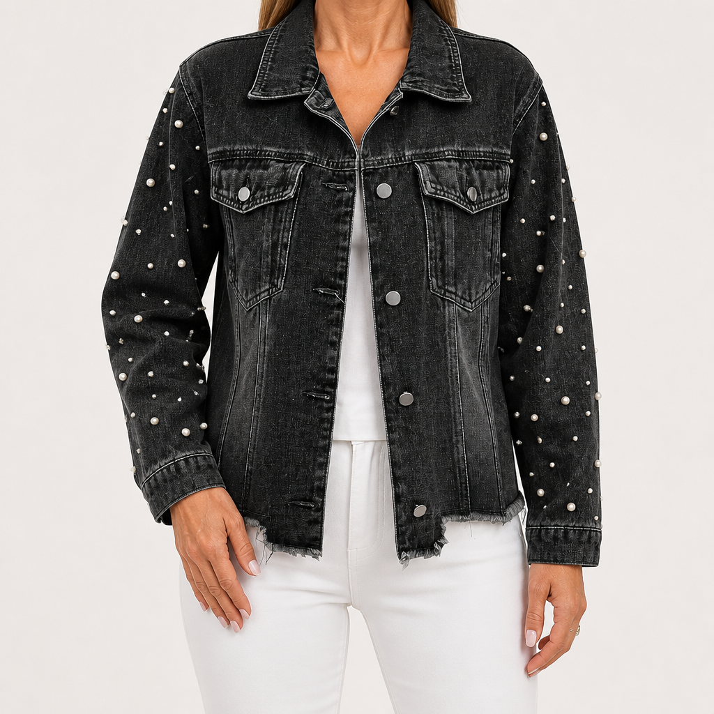 Cordelia | Womens Hooded Beaded Denim Jacket, Charcoal Grey