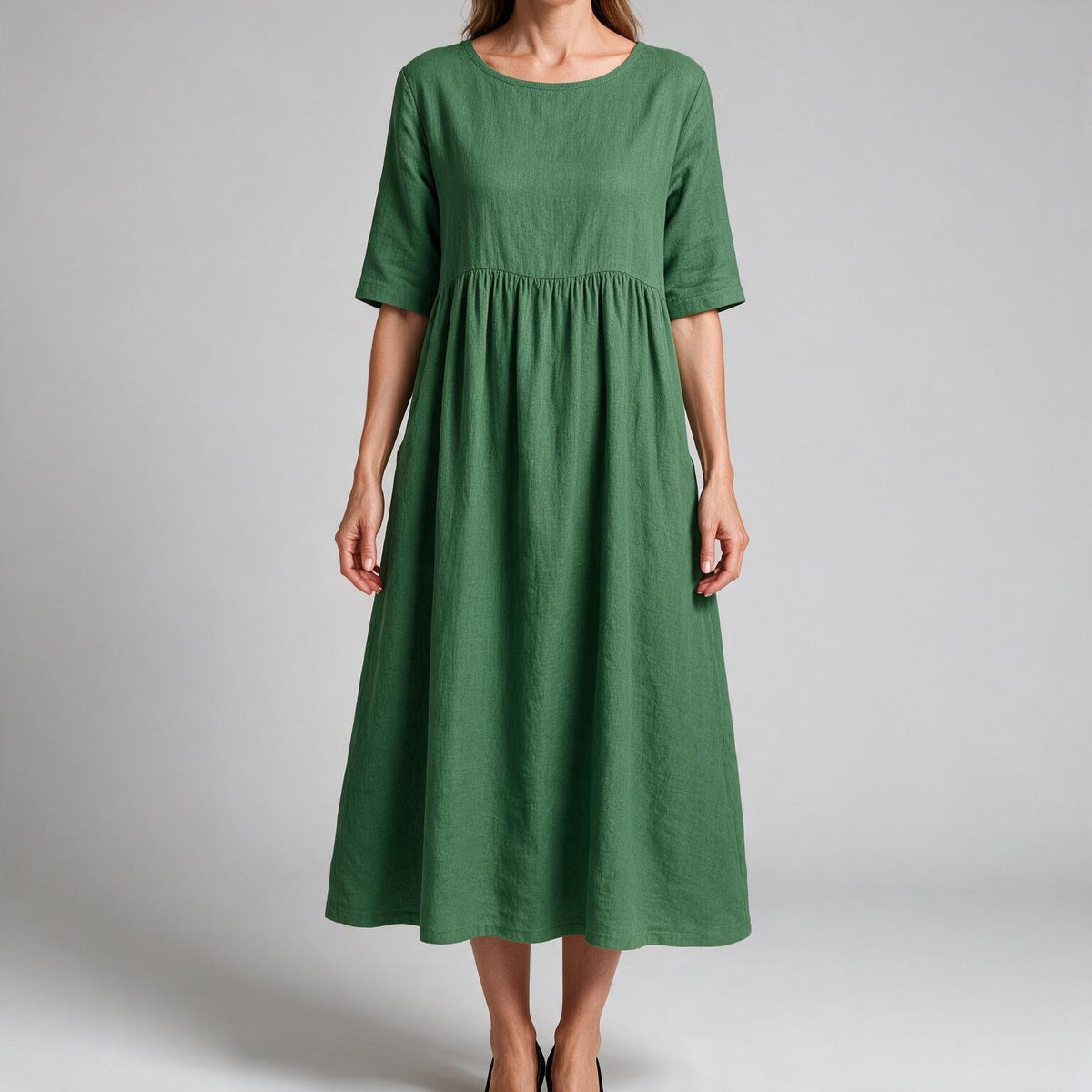 Saoirse | Womens Wedding Guest Summer Midi Cotton Linen Round Neck Dresses Green