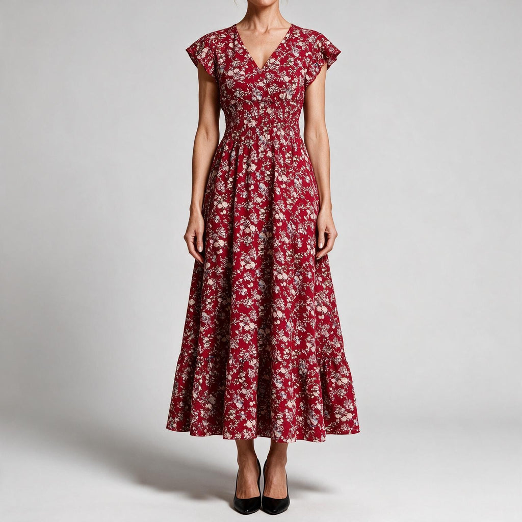 Willa | Womens Wedding Guest Floral Maxi A-Line Summer Dress Red