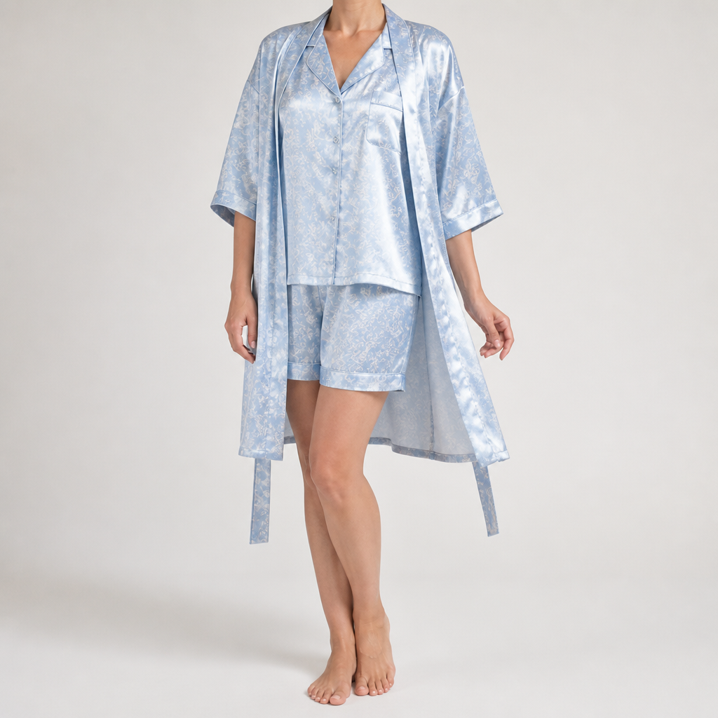 Odette | Womens Short Sleeve Satin Pyjama Set, Sky Blue 2
