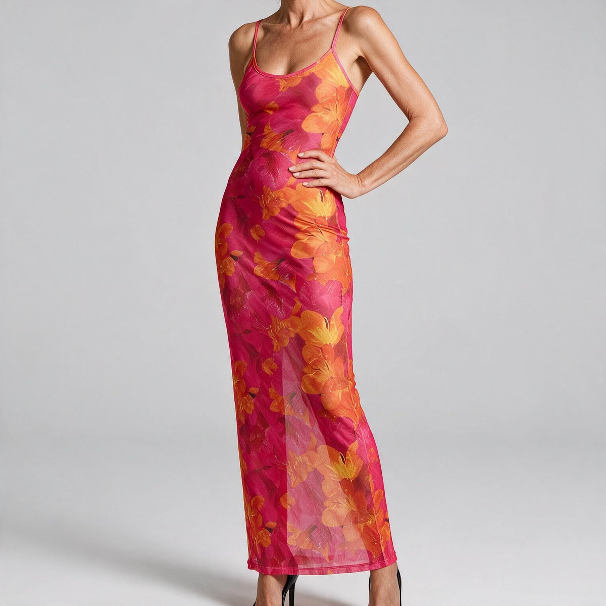 Anouk | Womens Printed Mesh Bodycon Mermaid Long Party Wedding Guest Dresses
