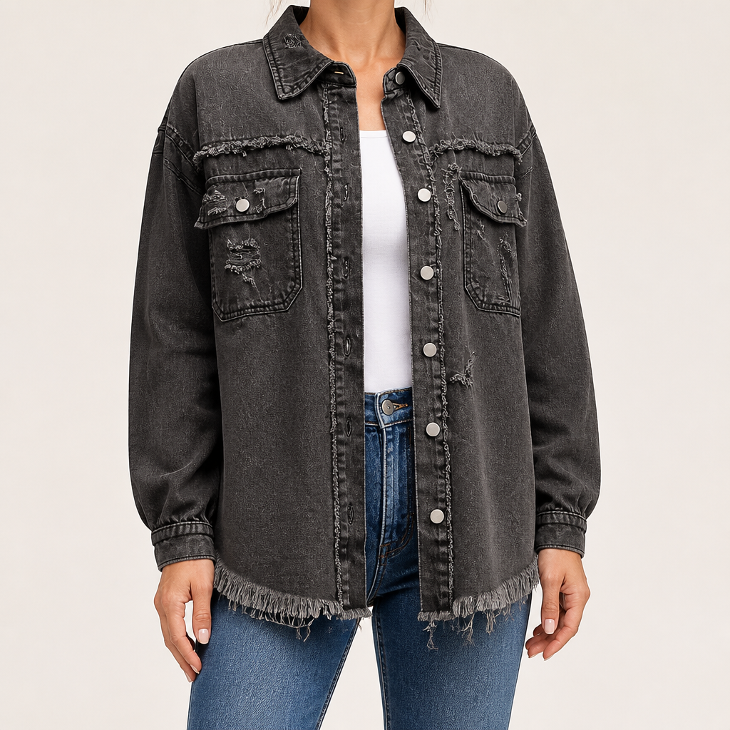 Clarissa | Womens Longline Distressed Denim Jacket, Dark Grey