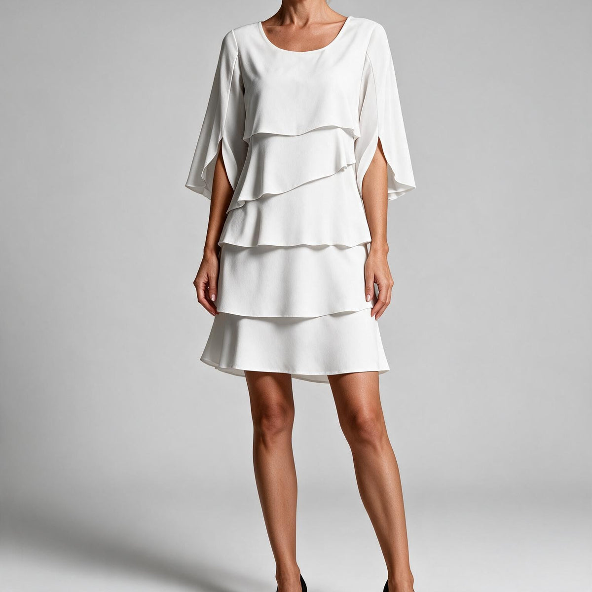 Antonia | Womens Wedding Guest Midi Dresses Round Neck Tiered Patchwork Dress