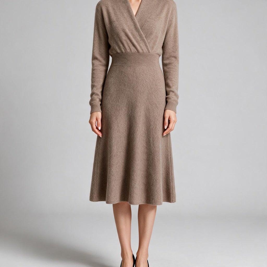 Genevieve | Womens Cashmere Knitted V Neck Midi Jumper Wedding Guest Dresses Cream