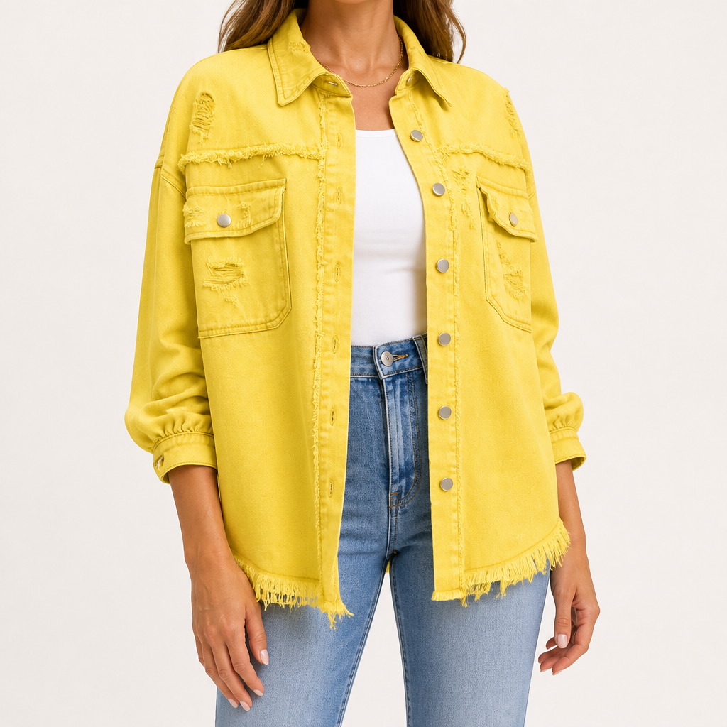 Genevieve | Womens Ripped Longline Denim Jacket, Yellow