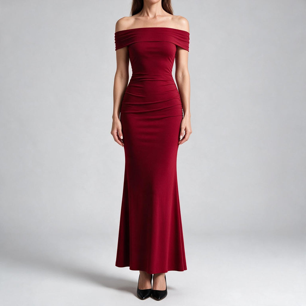 Reggie | Womens Bodycon Dress Short Sleeve Gradient Off Shoulder Long Dress Crimson