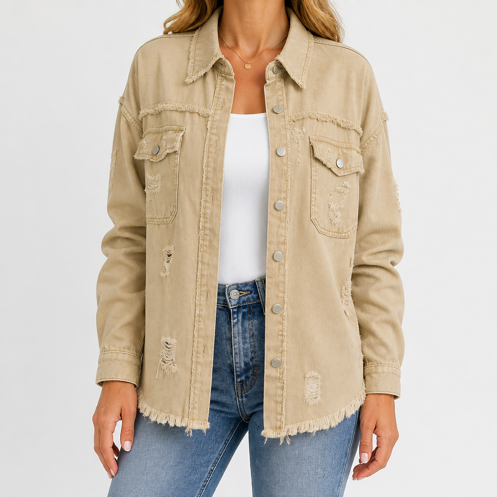 Clarissa | Womens Longline Distressed Denim Jacket, Khaki